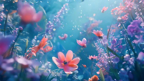 Vibrant Wildflowers Floating Against Turquoise Sky.