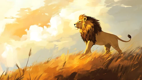 Solar-graded digital lion surveying wind-striated savanna horizon.
