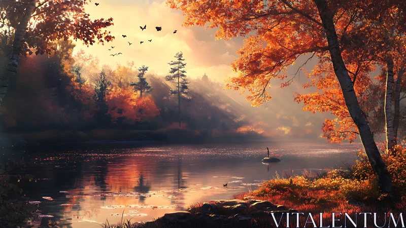 Golden autumn lake at sunset with peaceful forest glow.