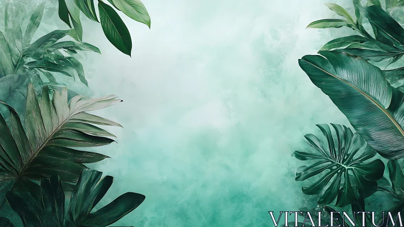 Tropical foliage border framing soft teal background space.