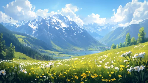 Mountain valley meadow with distant lake under clear sky.