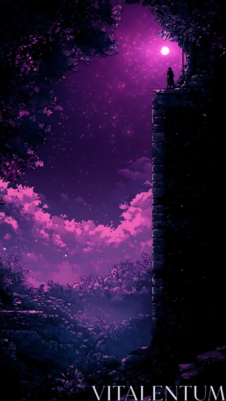 Lone silhouette overlooks violet night sky from ruined tower