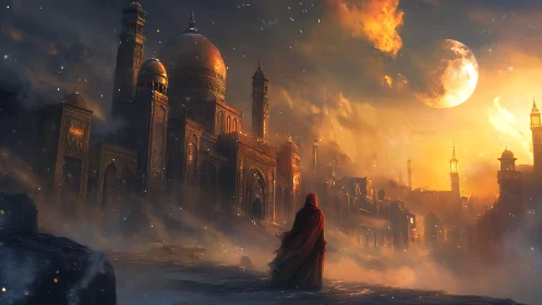 Hooded figure stands before vast domed city at sunset