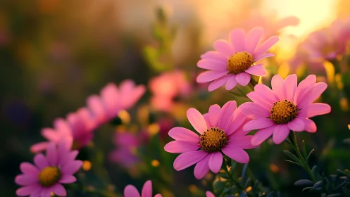 Pink daisies bloom against golden bokeh light.