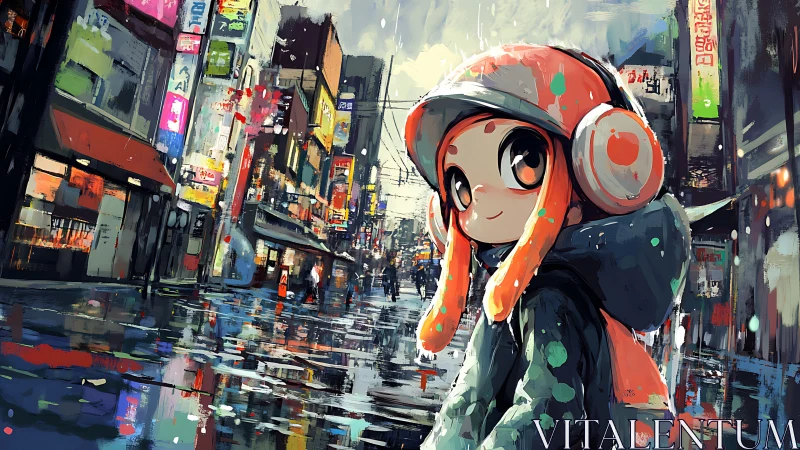 Cheerful bundled kid strolls through a rainy neon city night