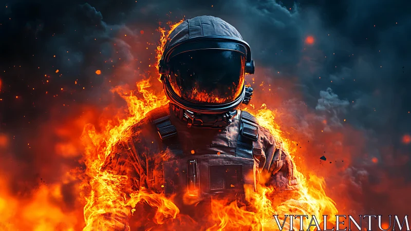 Astronaut Engulfed in Flames Against Dark Sky