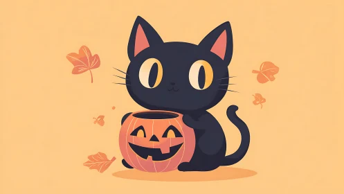Black Cat with Pumpkin Bucket on Peach Background.