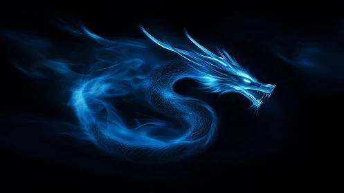 Blue phantom dragon coils through darkness and sings firelight