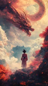 Skyward warrior greets ember-scaled dragon above scarlet peaks