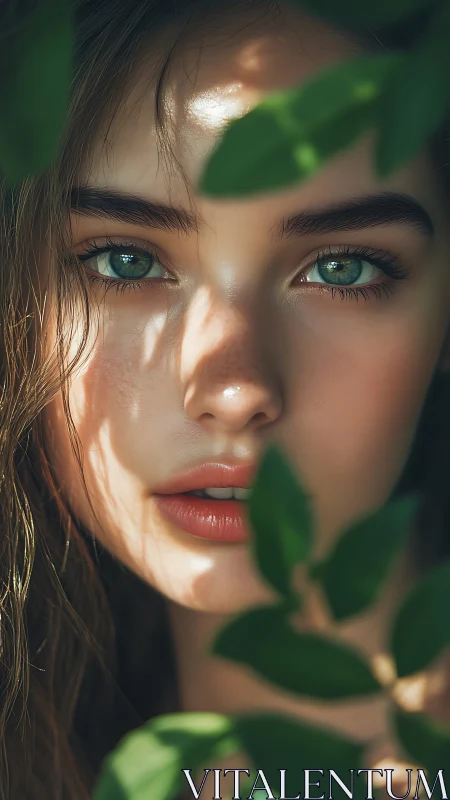 Sunlit green eyes meet gentle shadows in quiet foliage