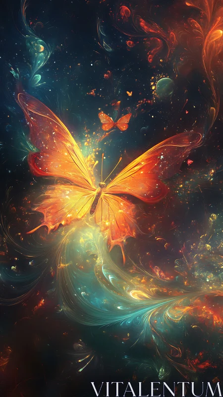 Luminous nebula butterfly drifts through swirling cosmic currents