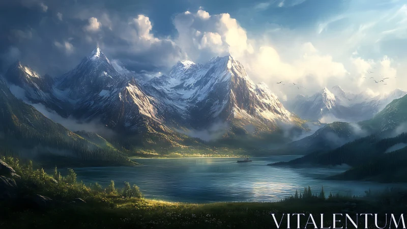 Mountain lake panorama with snow peaks and distant boat.