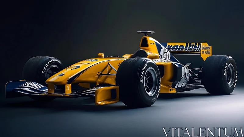 Sunlit yellow race car poised in a dramatic studio glow.