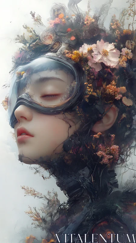 Female cyborg portrait with floral biomechanical helmet.