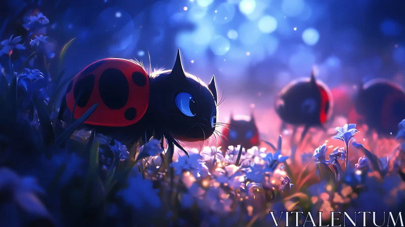 Cat-ladybug hybrids move through glowing flowers at dusk