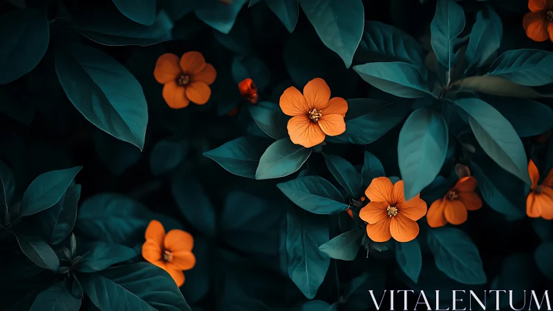 Orange flowers blooming among dark teal foliage in natural light.