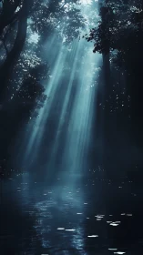 Volumetric sunbeams penetrating dense forest canopy over water.