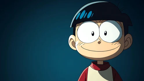 Wide eyed cartoon kid beams in spotlight of midnight blue.