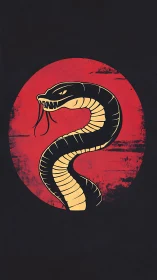 Graphic serpent emblem within distressed red circular field.