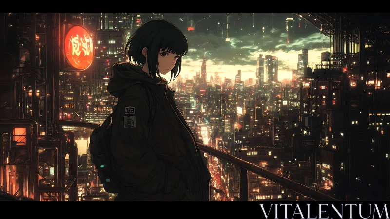 Solitary girl on elevated rail in neon cyberpunk megacity night