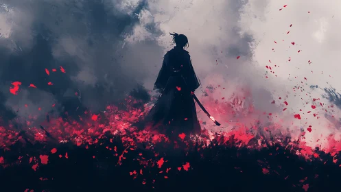 Lone samurai silhouette stands amid abstract crimson storm