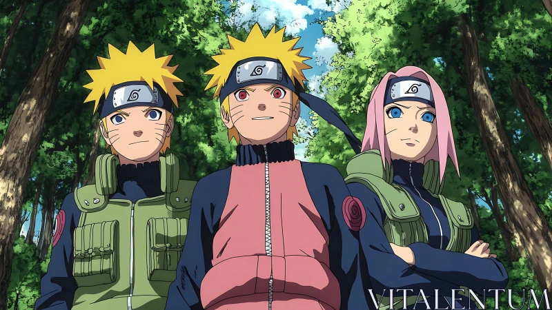 Anime ninja trio standing in forest, focused forward.