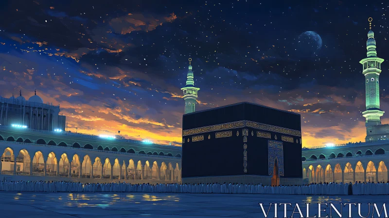 Digital night view over Kaaba courtyard under starry sky.