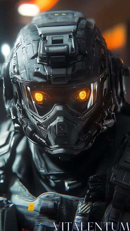 Armored sci fi soldier helmet with glowing orange visor.