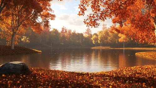 Autumn deciduous trees surrounding calm reflective lake surface.