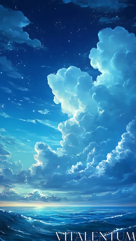 Luminescent storm clouds tower above a tranquil open sea.