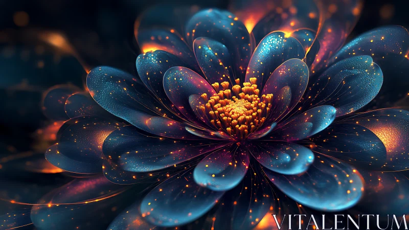 Digital macro render of luminous blue and orange flower form.
