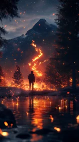 Solitary Figure Confronts Wildfire Path Through Mountain Forest.