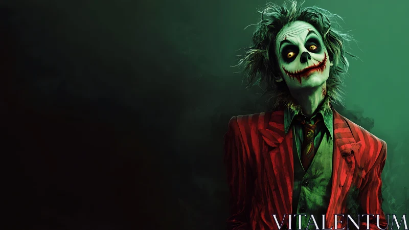 Playfully eerie trickster in bold red stripes and smoke.