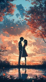 Silhouetted couple stands by reflective pond at vivid sunset