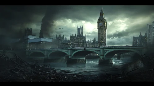 Storm-lit Westminster bridge in a brooding future London.