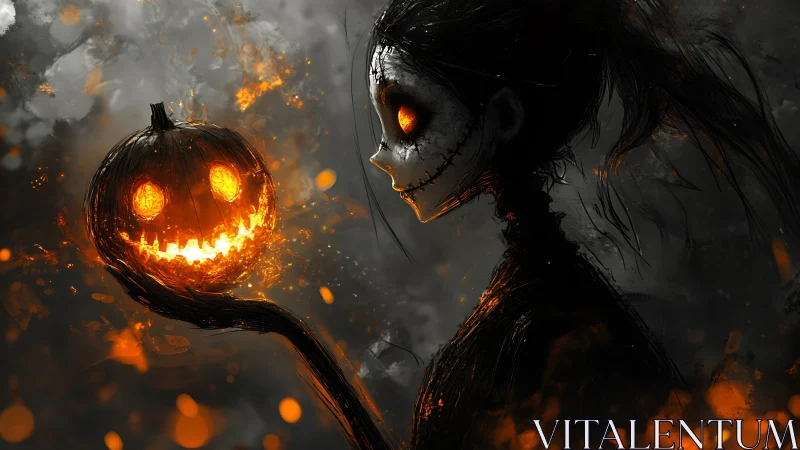 Stitched specter studies blazing jack o lantern glow.