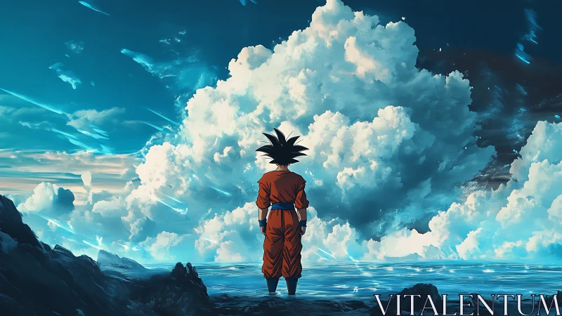 Celestial-bound warrior surveying hyperbolic cumulonimbus horizon.