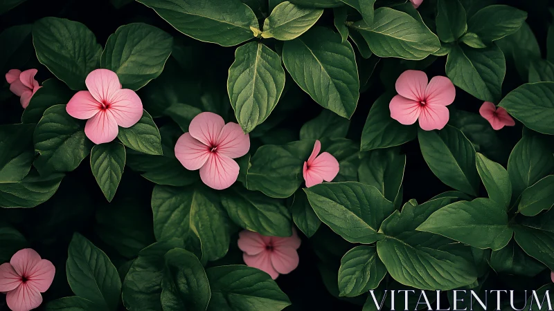 Soft pink blossoms resting gently in deep emerald leaves.