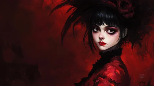 Girl in red dress stares forward against dark red background