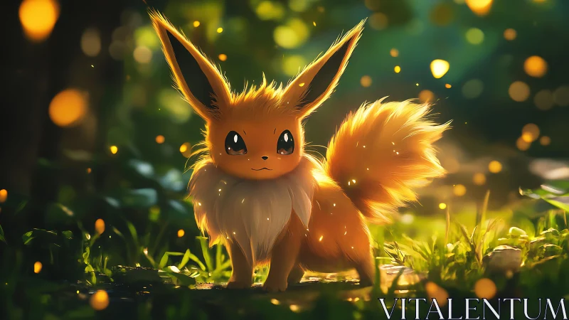Glowing foxlike creature in forest with warm bokeh light.
