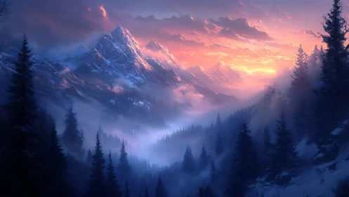 Snow-covered mountain range with dense conifer forest at dusk.