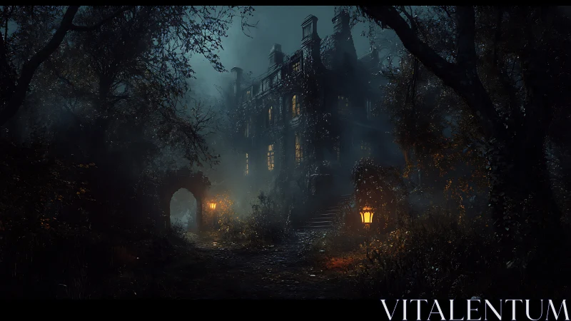 Mysterious ivy-covered mansion glowing through the mist.