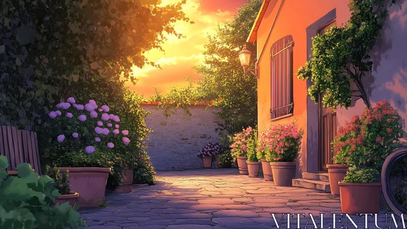 Sunlit courtyard passage with potted plants at sunset.
