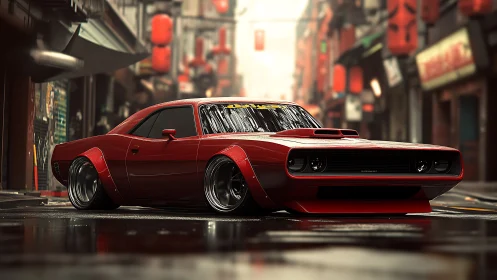Modified red muscle car is rendered on wet urban street