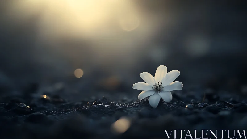 White flower emerges from dark soil with atmospheric bokeh lighting