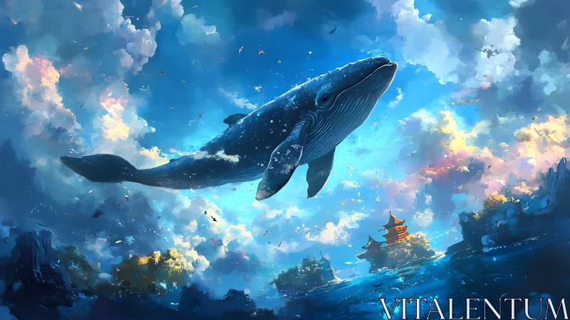 Majestic blue whale drifting above luminous ocean temples.