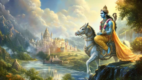 Divine blue rider on ornate white horse before luminous temple city