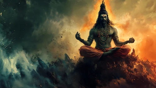 Meditating blue-skinned deity amid opposing fiery clouds.