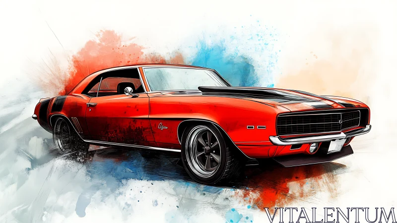 Bold red muscle car cruising through splashes of color.