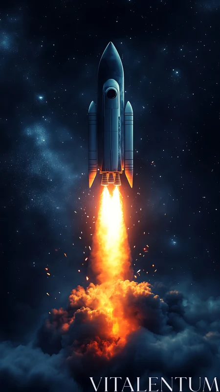 Midnight rocket ascent through luminous starfield skies.